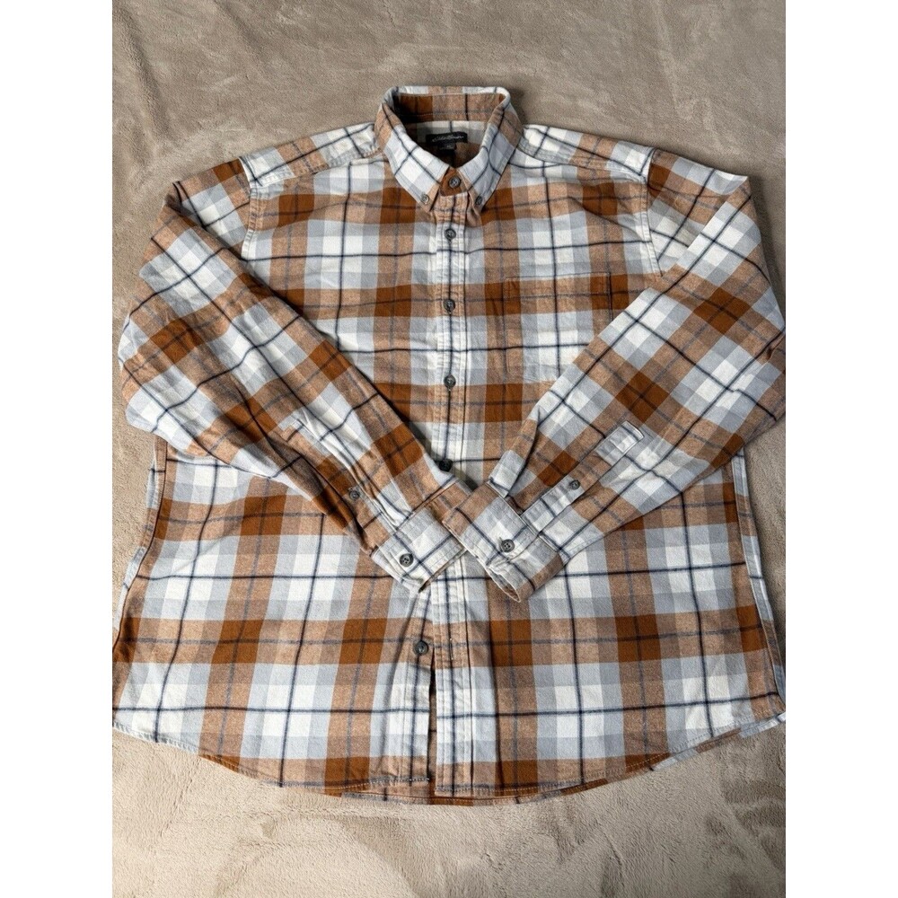 Eddie Bauer Men’s XL Brown Blue Plaid Flannel Shirt Cotton Button Up